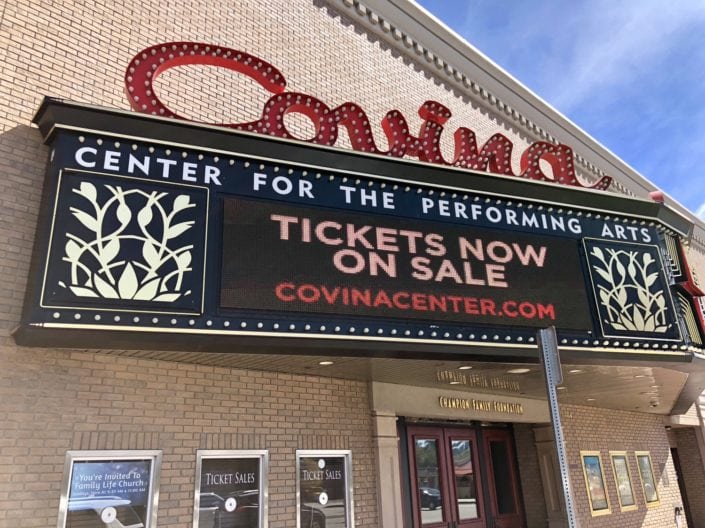 Picture of marquee stating "Tickets on Sale Now" in front of Covina Center for the Performing Arts