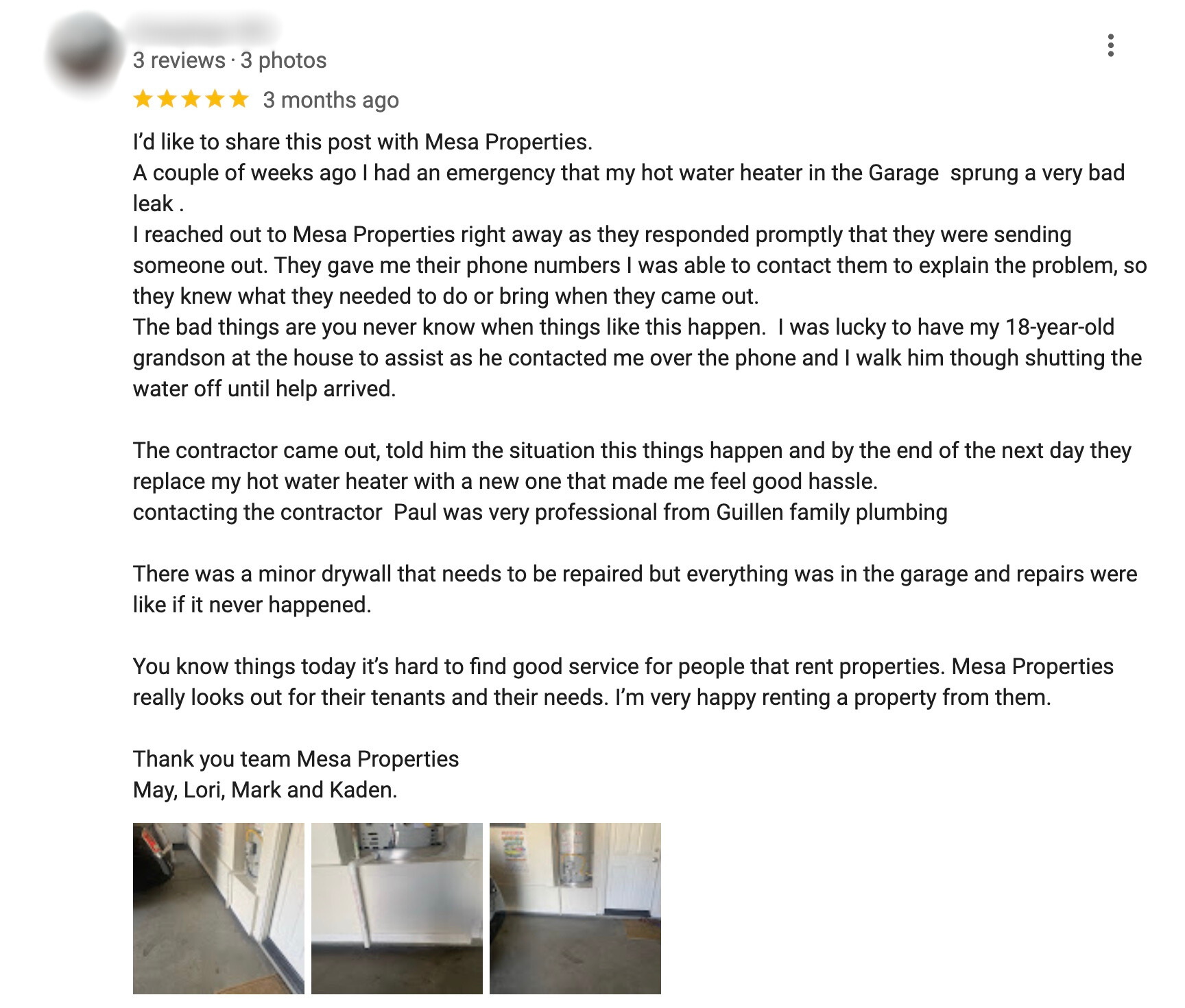 Positive Google review from a tenant.